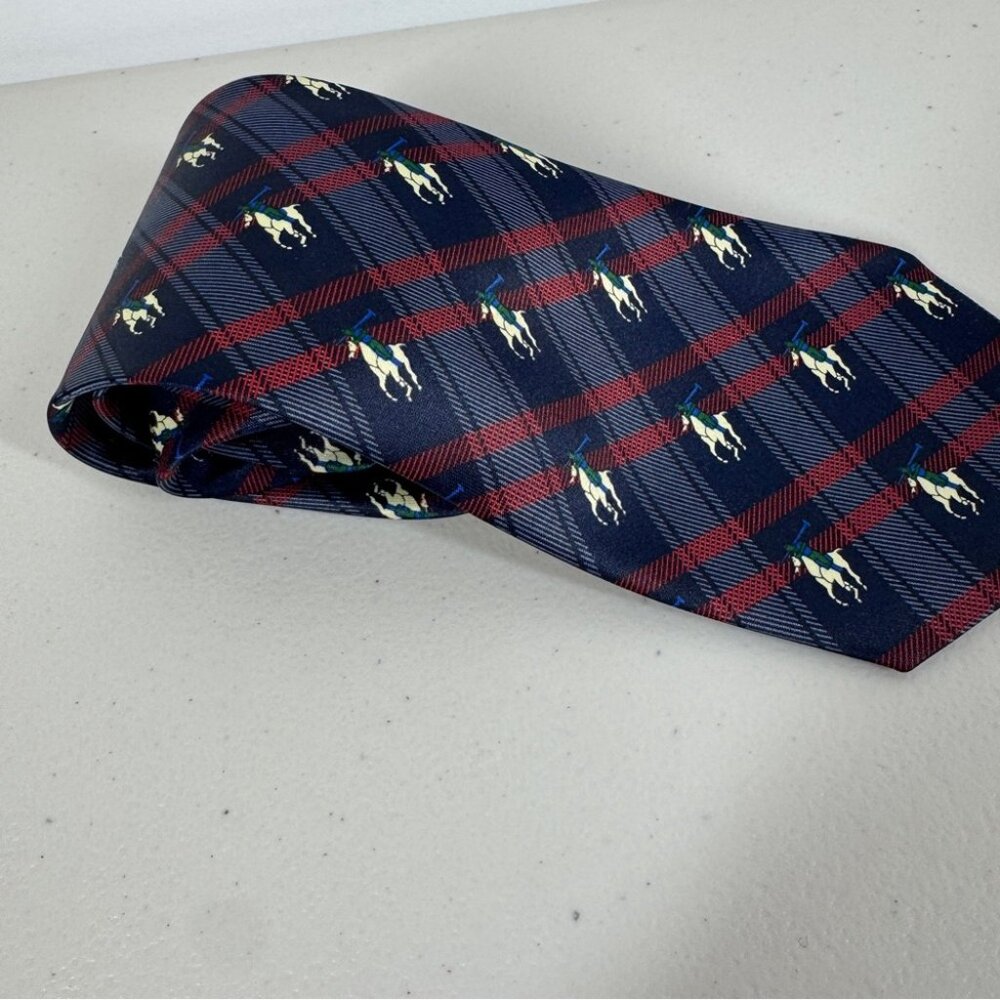 René Chagal Silk Polo Horse Tie Navy Plaid Equestrian Designer Necktie - Picture 5 of 12